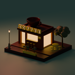 3D Blender model of a stylized miniature coffee shop with warm tones and geometric design, suitable for game assets.