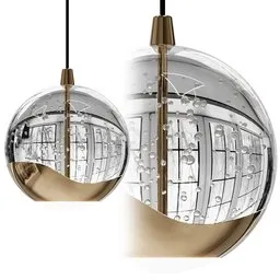 "Stylish HAYLEY Pendant Light by LUCANDE, designed using Blender 3D. This stunning ceiling light features a translucent sphere with gold and silver shapes, and metallic reflections that create a unique and eye-catching design. Perfect for any home or office space."