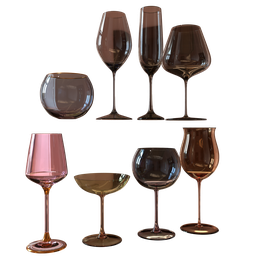 "Fancy glasses pack in various sizes for Blender 3D - gold and silver shapes, brown and pink color scheme, rendered with unreal engine. Ideal for wine and beverage container renders. Simple glass shader used, created by Marià Fortuny."
