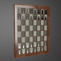 3D render of a vertical chess set with designer pieces, wooden board, and silver trim for Blender 3D projects.