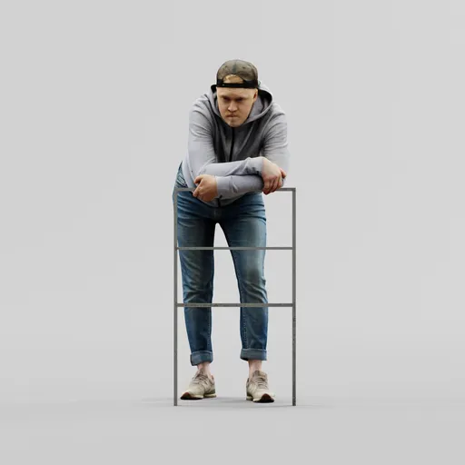 Guy in a hoodie leans on a railing