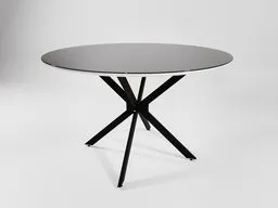 Elegant 3D model of Round Table Ravela with glass top and black steel legs for Blender rendering, showcasing modern dining furniture design.