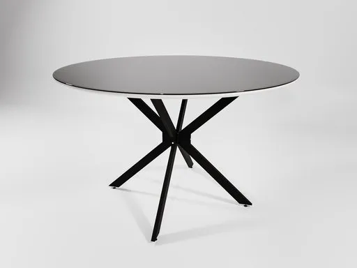 Elegant 3D model of Round Table Ravela with glass top and black steel legs for Blender rendering, showcasing modern dining furniture design.