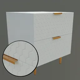 "Modern white bedside dresser with hexagon pattern and bronze accents, featuring two drawers and wooden handles. High-detail 3D model available for use in Blender 3D software, created by Altichiero and Ambreen Butt. Amazon brand."