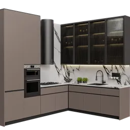 L-shaped kitchen 3D model with marble countertop, appliances, and cabinets, rendered in Blender Cycles, centimeter scale.