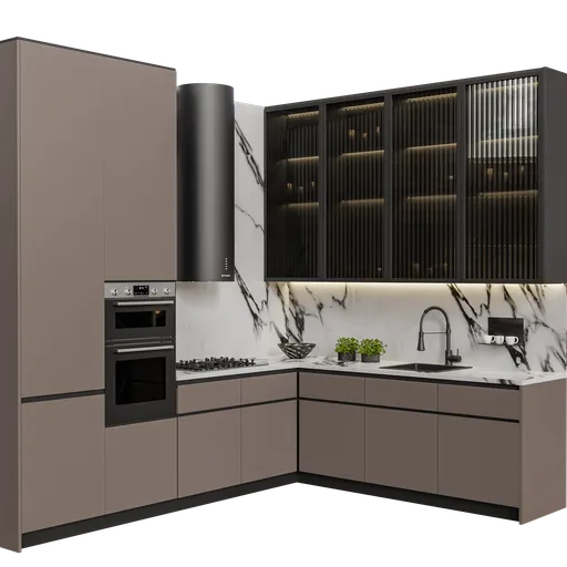 L-shaped kitchen 3D model with marble countertop, appliances, and cabinets, rendered in Blender Cycles, centimeter scale.