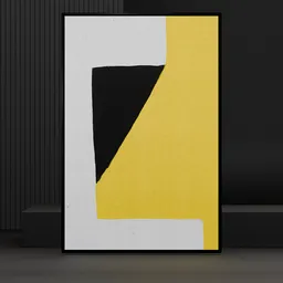 3D Blender model of a contemporary geometric abstract painting in yellow and black, on a linen canvas texture.