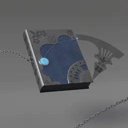 Detailed Blender 3D model of a mystical book with blue cover, black pages, and silver chain.