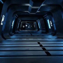 "Explore the dark and atmospheric Sci-Fi Passage 3D model with spaceship hallway background, mirror and array features, and cyan atmosphere. This in-game capture 3D render also includes blue lightsaber and lockbox elements, perfect for sci-fi enthusiasts. Created with Blender 3D and enhanced with bevel modifier for added depth and realism."