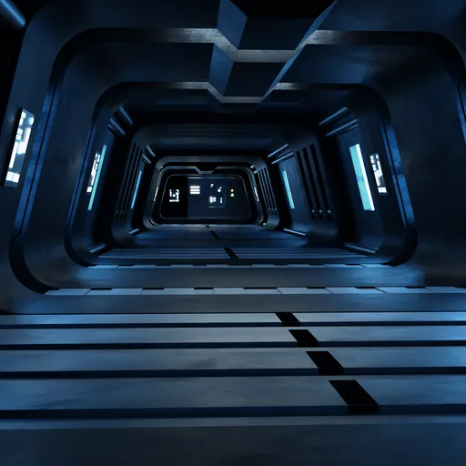 Detailed 3D corridor render with futuristic design, created in Blender, featuring advanced lighting and texturing techniques.