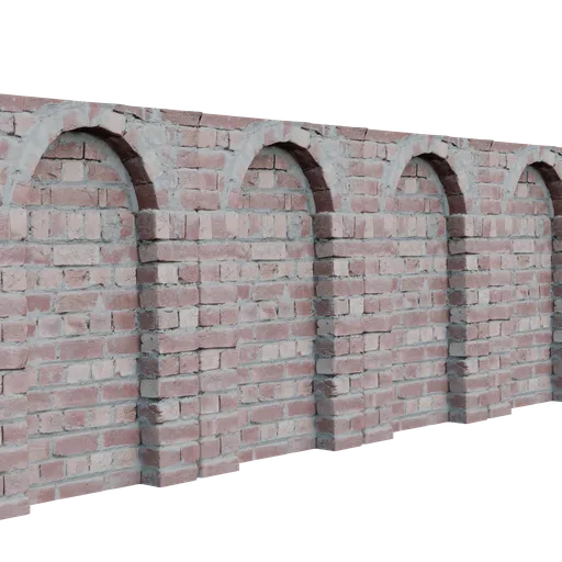 Realistic 3D model of a brick wall fence with arched details and quad mesh topology, compatible with Blender array functionality.