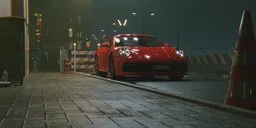 Red sports car on urban street with fog effect, adjustable for performance in Blender 3D rendering.