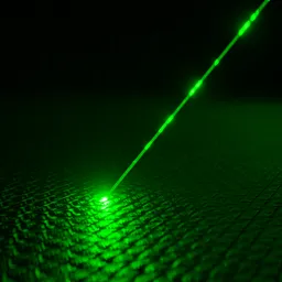 "Animated Laser Beam 3D Model for Blender 3D: Military-Sci-Fi Category. A close-up view of a green laser shining in the dark with thin, long, fine lines and a dreamy blurred lens. Experience realistic photorealistic effects with a red spike aura in motion. High-resolution 3D model suitable for Cycles and EEVEE rendering."