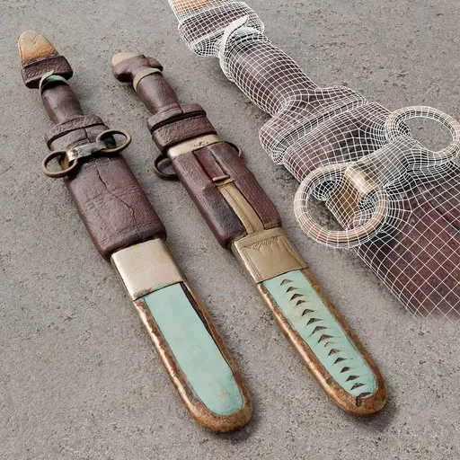 Detailed 3D scan of ancient dagger with 4K textures for Blender, showing optimized quad mesh.