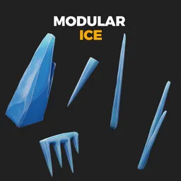 "Stylized modular ice 3D model created in Blender 3D, perfect for game UI and environment design. Features metal parts and inspired by RHADS, with a modern haircut and hold spear design. Versatile asset sheet for use in various projects. Created by Modest Urgell."