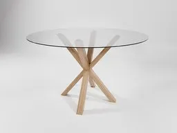 Realistic 3D render of a round glass-top table with oak cross base design, ideal for Blender 3D interior modeling
