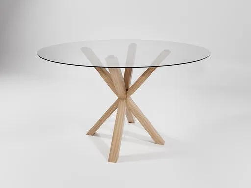 Realistic 3D render of a round glass-top table with oak cross base design, ideal for Blender 3D interior modeling