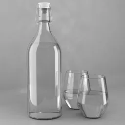 Detailed 3D rendering of a glass bottle with a white stopper and two tumblers, suitable for Blender 3D projects.