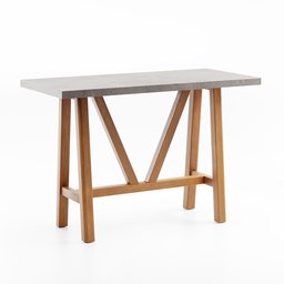 "Kristianstad Bar Table: A high-detail, concrete table with wooden legs, perfect for outdoor lifestyles in Blender 3D. Inspired by Josef Navrátil and James Paterson, this 3D model features a polystone (concrete) top, wood leg frame, and stands on a desk, offering a lively irregular edge design."