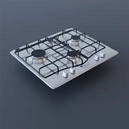 "4-burner kitchen appliance for Blender 3D: a realistic, highly detailed cooktop inspired by Fyodor Slavyansky's design. This 3D model features four burners on a gray surface, rendered using physically-based techniques. Perfect for creating Italian cuisine scenes in your virtual kitchen."