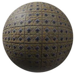 High-resolution PBR material for 3D rendering featuring decorative blue and yellow patterned tiles.