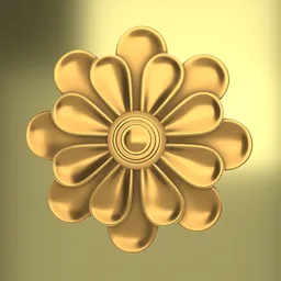 "Baroque Normal Decal Parallax ornament 3D model made with Decal Machine in Blender 3D. Featuring a gold flower on a gold background, this highly detailed design is inspired by John Button and Leon Wyczółkowski. Rendered in Enscape for a stunning 16k upscaled image, perfect for any molding and carving project."