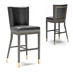 High-resolution Blender 3D model showcasing a black leather barstool with antique brass metal inlay and contrasting fabric.