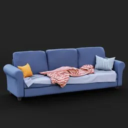 High-quality 3D model of a blue fabric sofa with custom pillows for Blender-rendering and visualization.