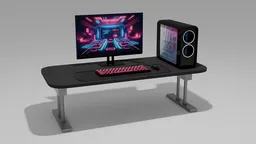 Detailed 3D model of a gamer workstation with illuminated PC tower, monitor, and peripherals.