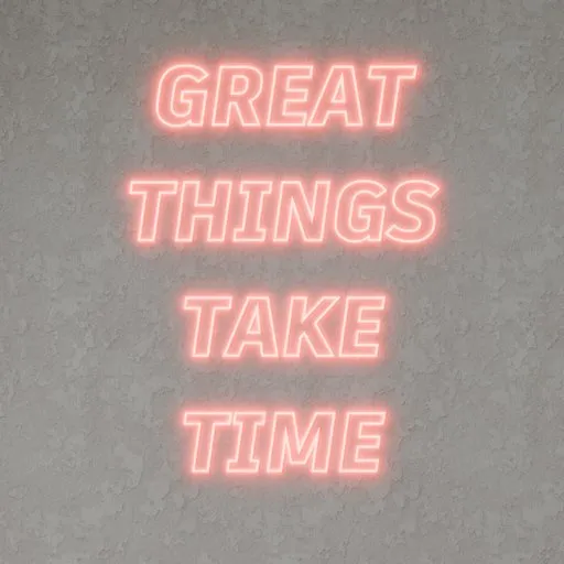 Neon light 3D text saying "GREAT THINGS TAKE TIME" in pink glow for Blender 3D projects.