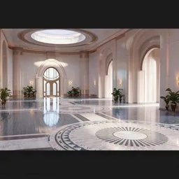 Elegant 3D modeled interior scene with natural lighting, reflective marble floors, and detailed archways.