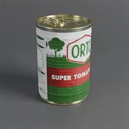 "Highly-detailed can of tomatoes, perfect for Blender 3D modeling. Replaceable label for customization. Suitable for fruit and vegetable category, game assets, and 80s nostalgia concepts."