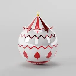 "White Christmas sphere with red designs, Blender 3D model. Spherical body with central tree design and white finish. Perfect for holiday-themed game and 3D rendering projects."