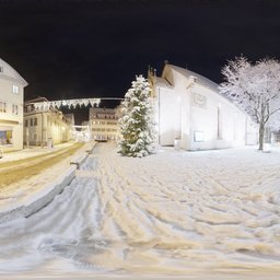 Snow-covered church square HDR image for scene lighting with festive decorations and glowing streetlights at night.