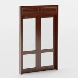 "Wooden double door with glass pane, inspired by Zhou Jichang. Wine red trim adds an attractive touch to the brown solid wood design. High resolution Blender 3D model."
