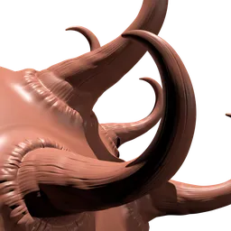 Detailed sculpting brush creating intricately curled horn shapes for 3D modeling in Blender.