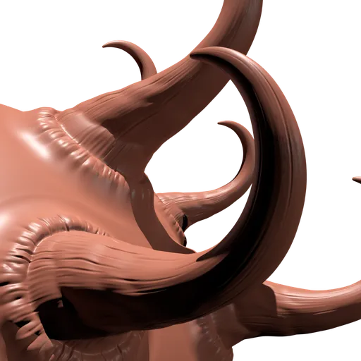 Detailed sculpting brush creating intricately curled horn shapes for 3D modeling in Blender.
