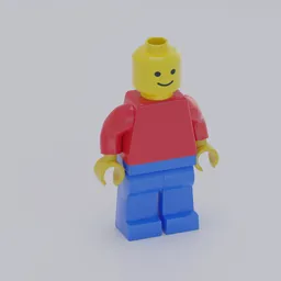 "Basic Lego human model in red shirt and blue pants, ideal for toy category in Blender 3D. Modeled with perfect face template and equipped with yellow helmet, this 3D model is a must-have for any Lego enthusiast."