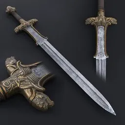Low-poly game-ready 3D model of Atlantean sword with detailed normal map textures, showcased in multiple angles for Blender 3D render.