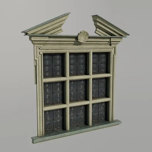 Highly detailed Blender 3D model of a non-transmissive Baroque window with ornate tympanum, rosette, and patina textures.