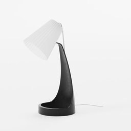 "Modern study desk lamp in black on a white table. 3D model created with Blender 3D by Jesper Myrfors. Stylized with dynamic folds and long flowing fins, featuring dim and dark lighting."