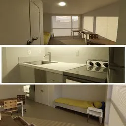 3D-rendered Blender studio apartment scene showcasing wood-themed furniture, high-res textures, no bathroom.