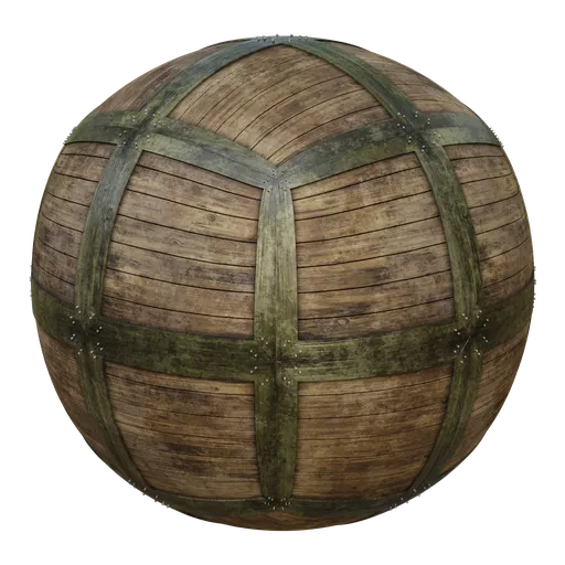 High-resolution PBR texture for 3D assets, ideal for Blender 3D and other modeling software, featuring detailed wood planks and metal bands.