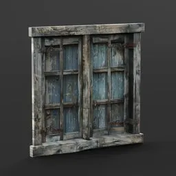 Weathered blue wooden 3D model window, detailed texture, for Blender rendering projects.