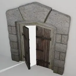 Realistic 3D stone arch and wooden double door model optimized for Blender, with detailed PBR textures for game design.