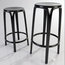 "3D model of Brooklyng bar and counter stools, inspired by Philipp Veit, made from black metal and black leather seat, suitable for indoor and outdoor use. Created using Blender 3D software and manufactured in the 1920s style with natural soft rim lighting and Russian constructivism influence."