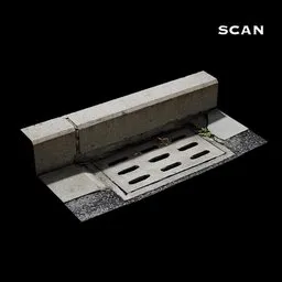 "Scan Drainage 3D model with concrete block and green plant, suitable for urban horror aesthetic and architectural visualization in Blender 3D. Based on photoscan and featuring Mega Scans textures, inspired by the scary stories and 1:1 album artwork. Created by Kim Eung-hwan and available on Freepoly.org."