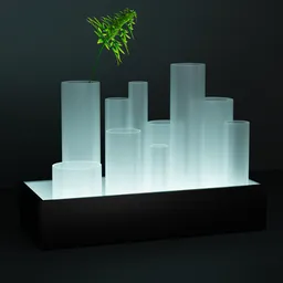Realistic Blender 3D glass vase collection with green foliage.