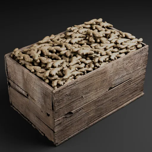 Detailed 3D model of a wooden crate filled with ginger, ready for Blender rendering, showcasing realistic textures and natural arrangement.