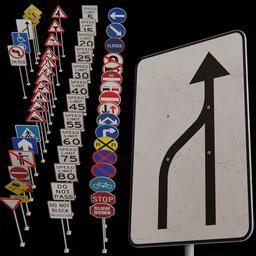 Collection of diverse 3D road signs with realistic materials, compatible with multiple software applications.